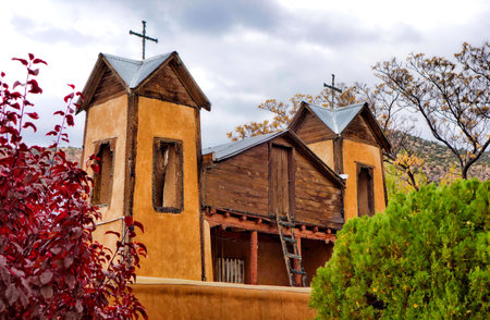 The famous historic Sanctuary of Chimayo with a garden in New Mexico, USの写真素材