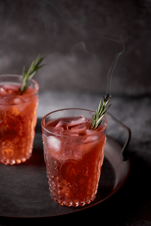 A closeup shot of red alcohol drinks with rosemary leaves on a trayの写真素材