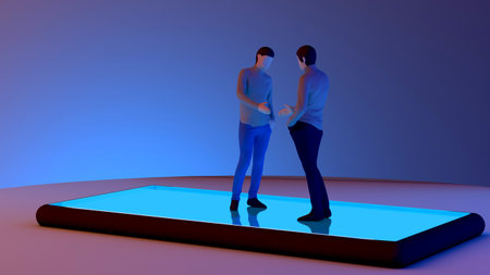A 3d rendering of two businessmen trying to shake their hands and standing on a mbilephone