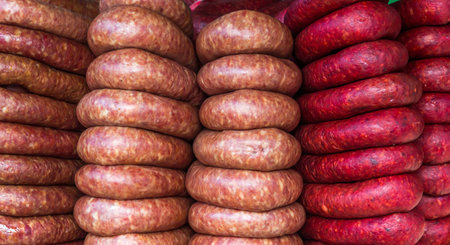 The smoked salami sausages at fair in Brazilの写真素材