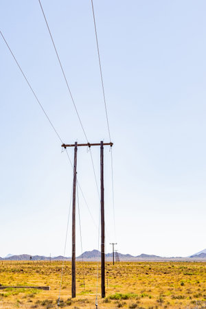 A vertical shot of a row of wooden electricity power line poles in the countryside of South Africaの写真素材