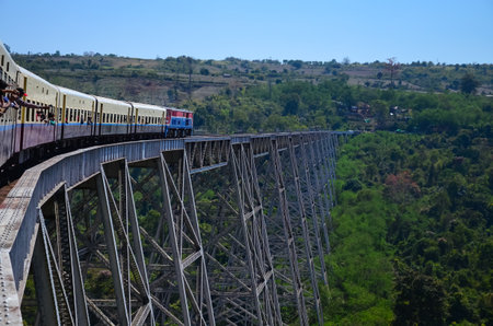 A closeup of the Goteik Viaduct railway in Myanmarの写真素材