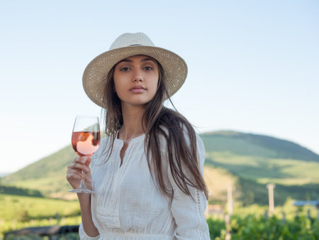 Portrait of beautiful brunette woman having wine outdoors in the vineyards.の写真素材
