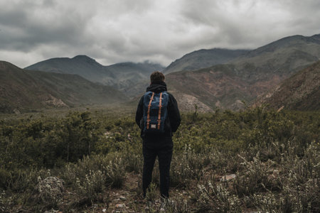 A back view of a male tourist in landsの写真素材