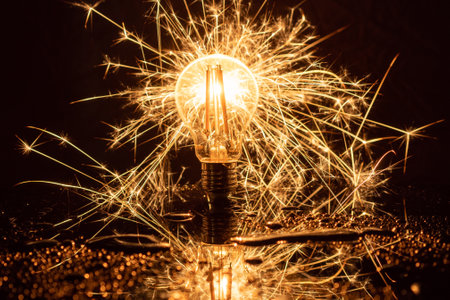A sparkling light bulb on a black backgroundの写真素材