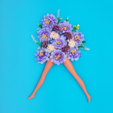 The slender doll legs with artificial flowers on blue background