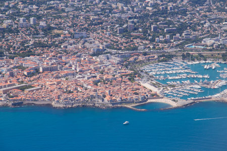 An aerial view of Antibes resort city in Alpes-Maritimes department of Franceの写真素材