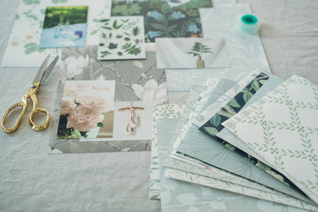 A selective focus shot of a heap of papers and tools for scrapbooking on a table