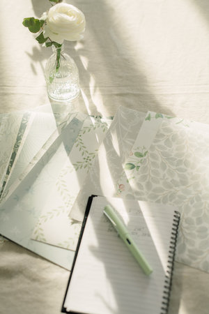 A selective focus shot of a beautiful white rose in a vase, papers for scrapbooking and notepad for...