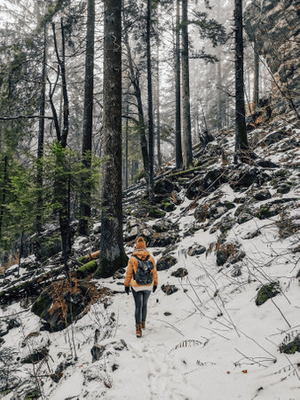 A vertical shot of a person hiking in the mountains during winterの写真素材