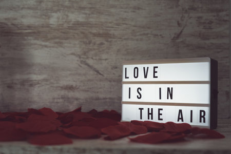 A wooden board saying "Love is in the air" on a wooden surface with rose petalsの写真素材