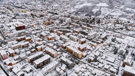 The buildings and streets covered with snow in the winter in Banja Luka, Bosnia and Herzegovinaの写真素材