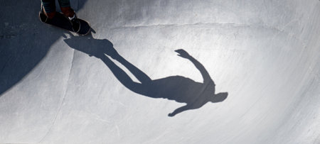 A closeup shot of a skateboarder and his shadow on the snowの写真素材