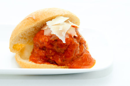 delicious rich meatball sliders on a ciabatta bun and home made tomato sauceの写真素材