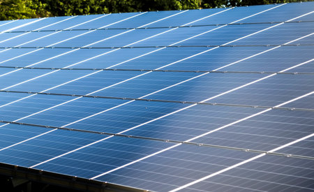 A shot of solar modules generating clean energy in a big park in northern Europe