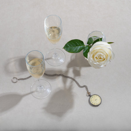A high angle shot of two glasses of champagne, white rose, and pocket watch with chain