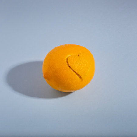 A closeup shot of orange with heart cut shaped isolated on blue backgroundの写真素材