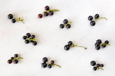 An overhead shot of currants separated and placed on a white surfaceの写真素材