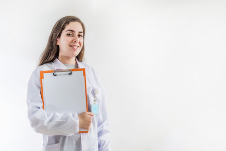 A young smiling female doctor holding a form standing on a white backgroundの写真素材