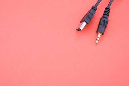 A wire with a USB end and audio cable on a red backgroundの写真素材