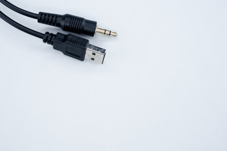 A wire with a USB end and audio cable on a blue background