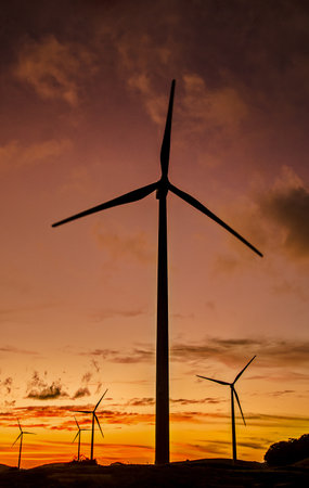 A vertical shot of silhouettes of windmills under a sunset sky
