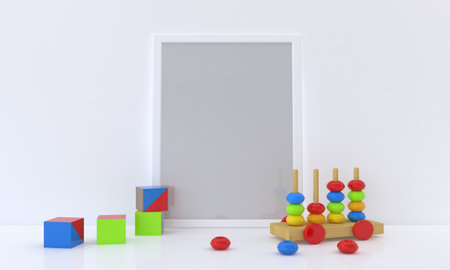 A closeup of the colorful wooden kids toy with a frame on the background