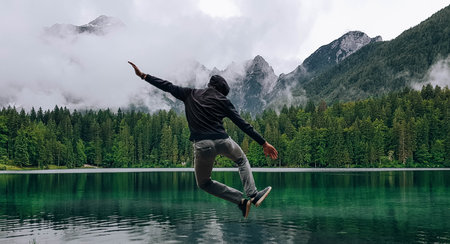 A shallow focus of a person jumping and heel kicking near a lake surrounded by rocky hillsの写真素材