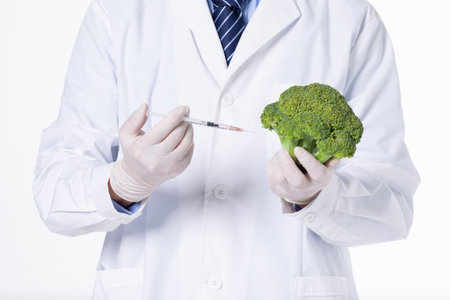 A closeup of a scientist injecting toxic substances to broccoli in a laboratorの写真素材