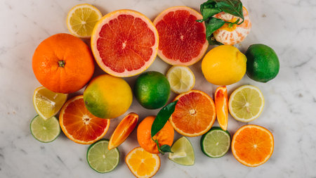 A top view of the whole and sliced citrus fruits mix on a white tableの写真素材