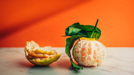 A selective focus shot of peeled Tangerine on a white table with orange background