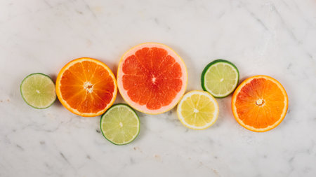 A top view of sliced citrus fruits mix on a white tableの写真素材