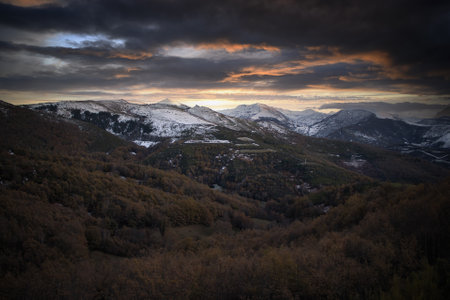 A beautiful shot of the Ancares mountain range during sunset in Spainの写真素材