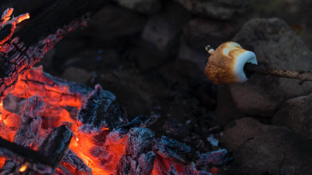 A closeup shot of brown sweet marshmallows roasting over fire flamesの写真素材