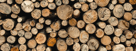 A panoramic shot of a pile of firewood forming a wall, environmental ecology problems, deforestation processの写真素材