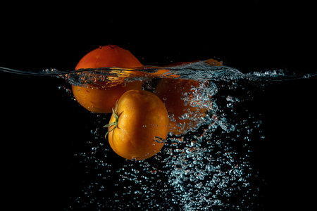 A closeup view of a red tomato dropped into the water creating a splash on a black backgroundの写真素材