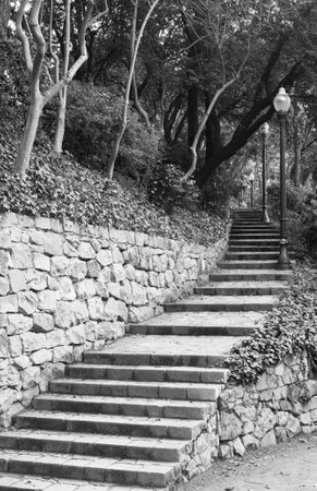 A vertical grayscale shot of stairs in a park in Barcelona, Spain