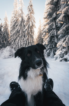 A vertical shot of border collie sitting between owner's legs in snow during winterの写真素材