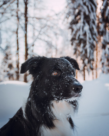 A winter landscape of border collie sitting in the snowの写真素材