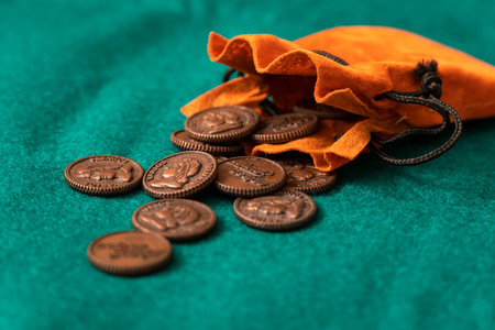 A closeup shot of an orange pouch with coins used in mus' cards gameの写真素材