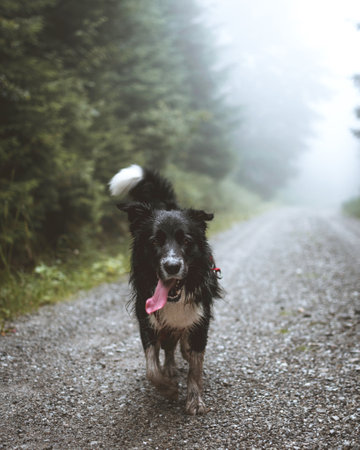 A vertical shot of a border collie dog walking on forest path