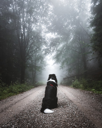 A rear view of border collie sitting on the pathway in the forest
