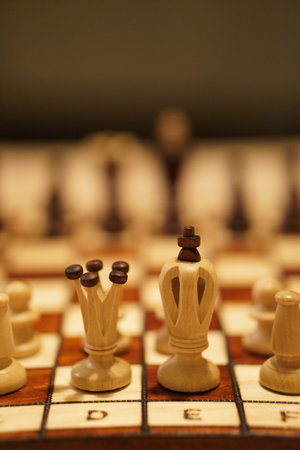 A vertical shot of a chessboard with the focus on a white's queen and kingの写真素材