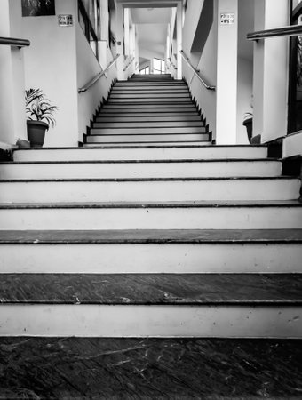 A vertical shot of white stairs through the building