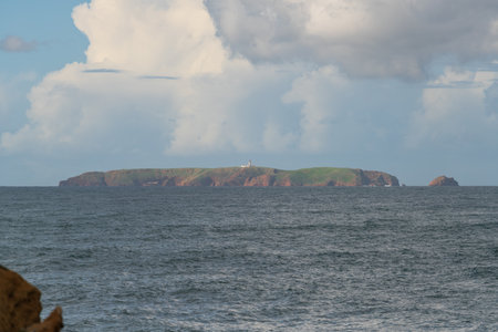 Berlengas island seen from Cabo Carvoeiro Cape in Peniche and atlantic ocean waves, in Portugalの写真素材
