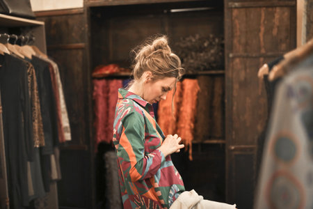 A stylish European female trying on a colorful shirt in a store