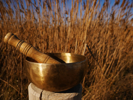 Metal singing bowl for relaxing and receiving healing vibrationsの写真素材