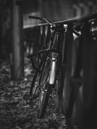 A vertical grayscale shot of a bicycle leaned on metalの写真素材