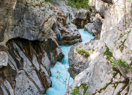 Emerald stream in rocky gorge. Water, beauty in Nature, scenic, Rocks, motion, Nature, Rock formation, no people Great Soca gorge, Slovenia.の写真素材