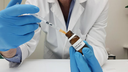 A laboratory assistant filling the syringe with Covid-19 vaccine from a vial